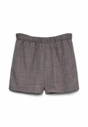 Grau gewebte Shorts mit elastischem Bund, die einen lockeren Schnitt und eine strukturierte Oberfläche aufweisen. Keine Taschen oder zusätzlichen Details.