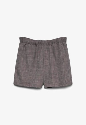Grau gewebte Shorts mit elastischem Bund, die einen lockeren Schnitt und eine strukturierte Oberfläche aufweisen. Keine Taschen oder zusätzlichen Details.
