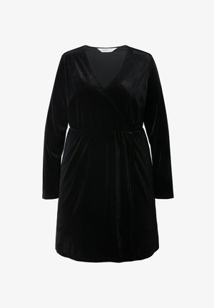 Abito in velluto nero con maniche lunghe, scollatura a V e vita arricciata. Texture liscia con un fit rilassato, stile fino al ginocchio.