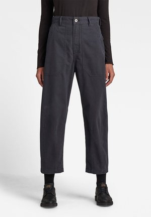 Pantalones de pierna ancha de un gris oscuro con cintura alta, que cuentan con bolsillos diagonales, un cierre de botón único y sutiles rayas verticales.