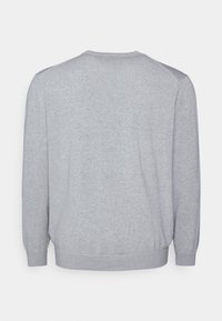 Pull-over gris, en matériau doux, présente un ourlet et des poignets côtelés, un col rond, et une texture lisse sans motifs ni accents.