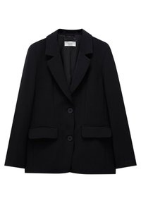 Blazer noir sur mesure avec deux boutons, col à revers cranté et poches à rabat sur les côtés avant, présenté sur fond blanc.