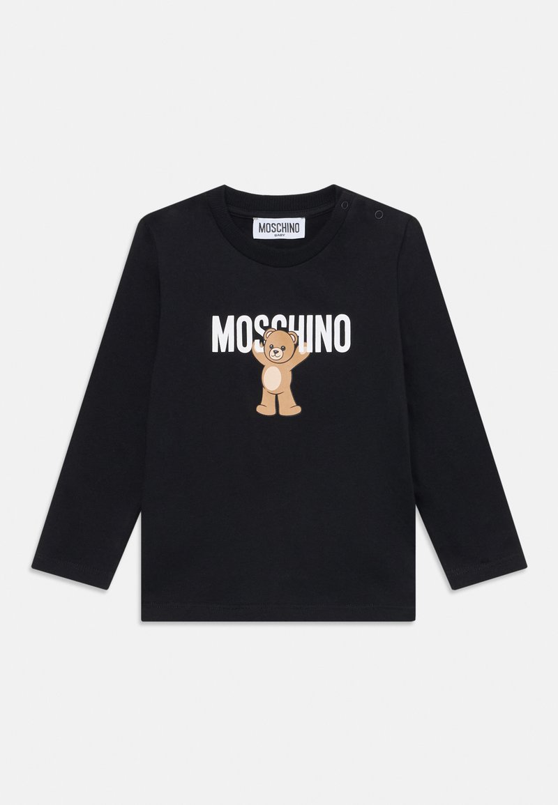 Fekete, hosszú ujjú pamut ing, bézs medve grafikával és fehér "Moschino" felirattal. Vállgombokkal a könnyű öltözködés érdekében.