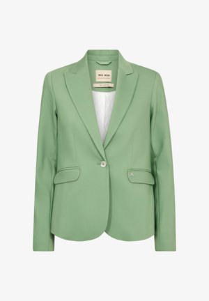 Gaiši zaļš sieviešu žakete ar izgriezuma apkaklēm, vienu pogu aizdari, atloks kabatām un baltu iekšējo oderi.