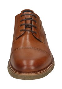 Bottines en cuir marron avec une finition lisse, bout arrondi, design à lacets et semelle en caoutchouc avec des détails de couture.