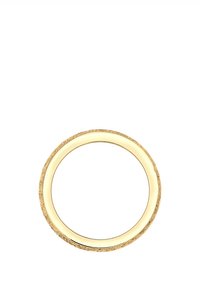 Gold-tone ring featuring a smooth inner band and a textured outer band with a patterned design, circular shape, polished finish.