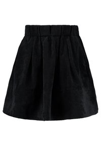 Zwarte corduroy rok met geplooid ontwerp, textuurstof, hoge taille en een uitlopende vorm. Geen zichtbaar hardware of accenten.