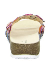 Wedge sandal with a cork-like sole, multicolored floral accents on the strap, and a light tan footbed. Rear view shows an open heel.