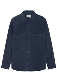 Camicia a maniche lunghe blu navy con colletto classico, due tasche frontali, chiusura con bottoni e finitura in tessuto liscia.