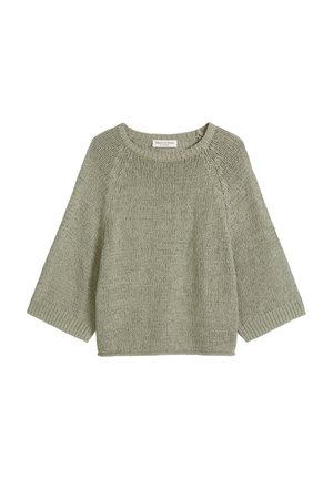 Világosszürke kötött pulóver széles ujjakkal és kerek nyakkivágással, Marc O’Polo címkével.