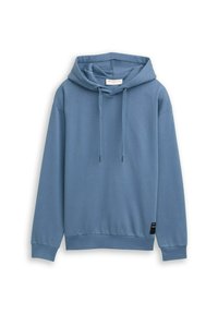 Gaiši zila kapuciņa, izgatavota no mīksta auduma, ar auklu kapuci, garām piedurknēm un ribotu apakšmalu. Ietver mazu zīmola etiķeti sānos.