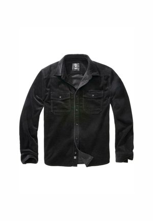 Black corduroy shirt with long sleeves, button-up front, two chest pockets, and a classic collar. Features ribbed texture and subtle sheen.