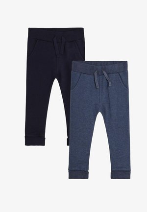 Twee paren joggingsbroeken voor kinderen in donker marineblauw en gebroken marineblauw. Zachte stof met geribde boorden, tailles en voorzakken.