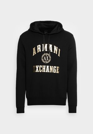 Schwarzer Hoodie mit goldfarbenem "Armani Exchange"-Text und rundem Logo auf der Vorderseite, ausgestattet mit Kapuze mit Kordelzug und langen Ärmeln.