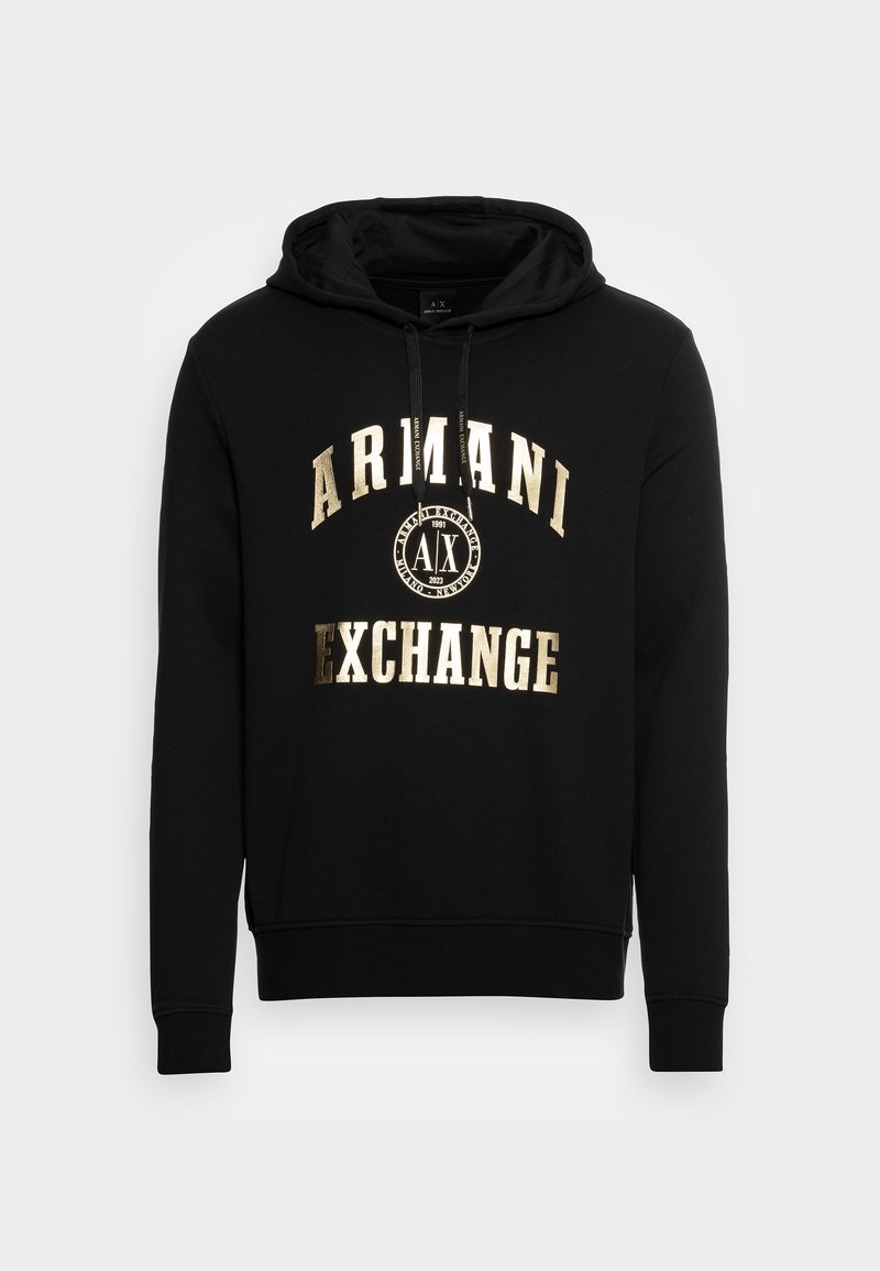 Sweat à capuche noir avec le texte doré « Armani Exchange » et un logo circulaire sur le devant, doté d'une capuche avec cordon de serrage et de manches longues.
