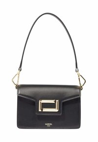 Sac à main en cuir noir avec un design structuré, quincaillerie dorée et un fermoir géométrique. Dispose d'une bandoulière unique pour le port à l'épaule.