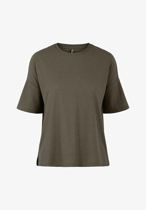 Camiseta de punto verde oliva con mangas cortas acampanadas y cuello redondo, que presenta una abertura lateral para mayor estilo y comodidad.
