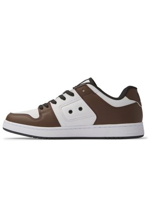 Brown and white low-top sneakers made of leather, featuring a smooth texture, lace-up design, and two decorative eyelets on the sides.