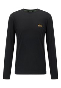 Schwarzes Langarm-T-Shirt aus Baumwolle. Mit kleinem goldenen Logo auf der linken Brust und rundem Ausschnitt. Glatte Textur, normale Passform.