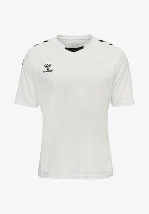 Witte sporttrui met korte mouwen en V-hals, met zwarte accenten op de schouders en een logo op de linkerborst. Gemaakt van ademend materiaal.