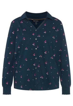 Námořnická blůza s knoflíky a malými růžovými a bílými květinovými vzory, límečkem, dlouhými rukávy a nařasenými manžetami. Měkká tkanina, volný střih.