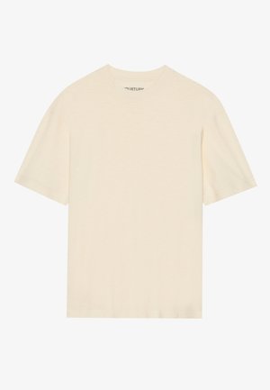 T-shirt s kratkim rukavima, okrugli izrez, u svijetlo bež boji. Izrađen od mekog materijala s glatkom teksturom. Nema vidljivih uzoraka ili dodataka.