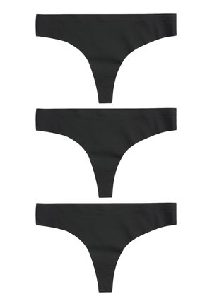 Schwarze Baumwoll-Stringtanga, mit nahtlosem Design, dünnem elastischem Bund und minimaler Bedeckung, in drei Lagen angeordnet.