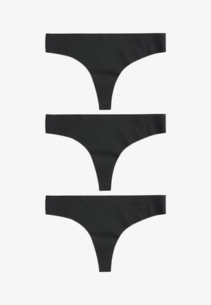 Schwarze Baumwoll-Stringtanga, mit nahtlosem Design, dünnem elastischem Bund und minimaler Bedeckung, in drei Lagen angeordnet.