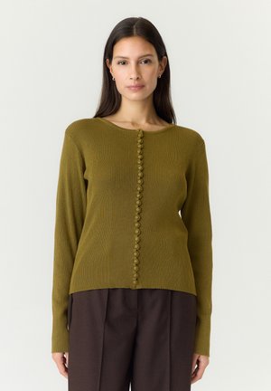 Kvinde med langt mørkt hår iført en olivengrøn ribstrikket sweater med knapper foran og mørkebrune bukser, stående foran en ensfarvet baggrund.
