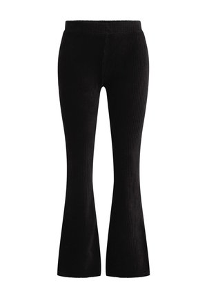 Schwarze Corduroy-Hosen mit weitem Bein, die über eine gerippte Textur, eine taillierte Taille und ein weites Bein-Design verfügen. Geeignet für legere oder semi-formelle Anlässe.