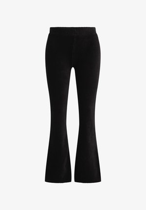 Juodos velveto flared kelnės su įstrukturėtu paviršiumi, priglundančiu liemeniu ir plačiomis kojomis, tinkamos neformaliam arba pusiau formaliam dėvėjimui.