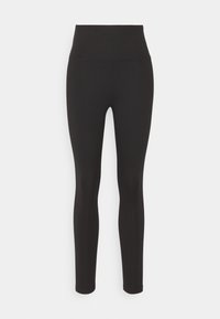 Czarne legginsy z wysokim stanem wykonane z elastycznego materiału, charakteryzujące się gładką teksturą i dopasowanym krojem, bez widocznych szwów czy zdobień.