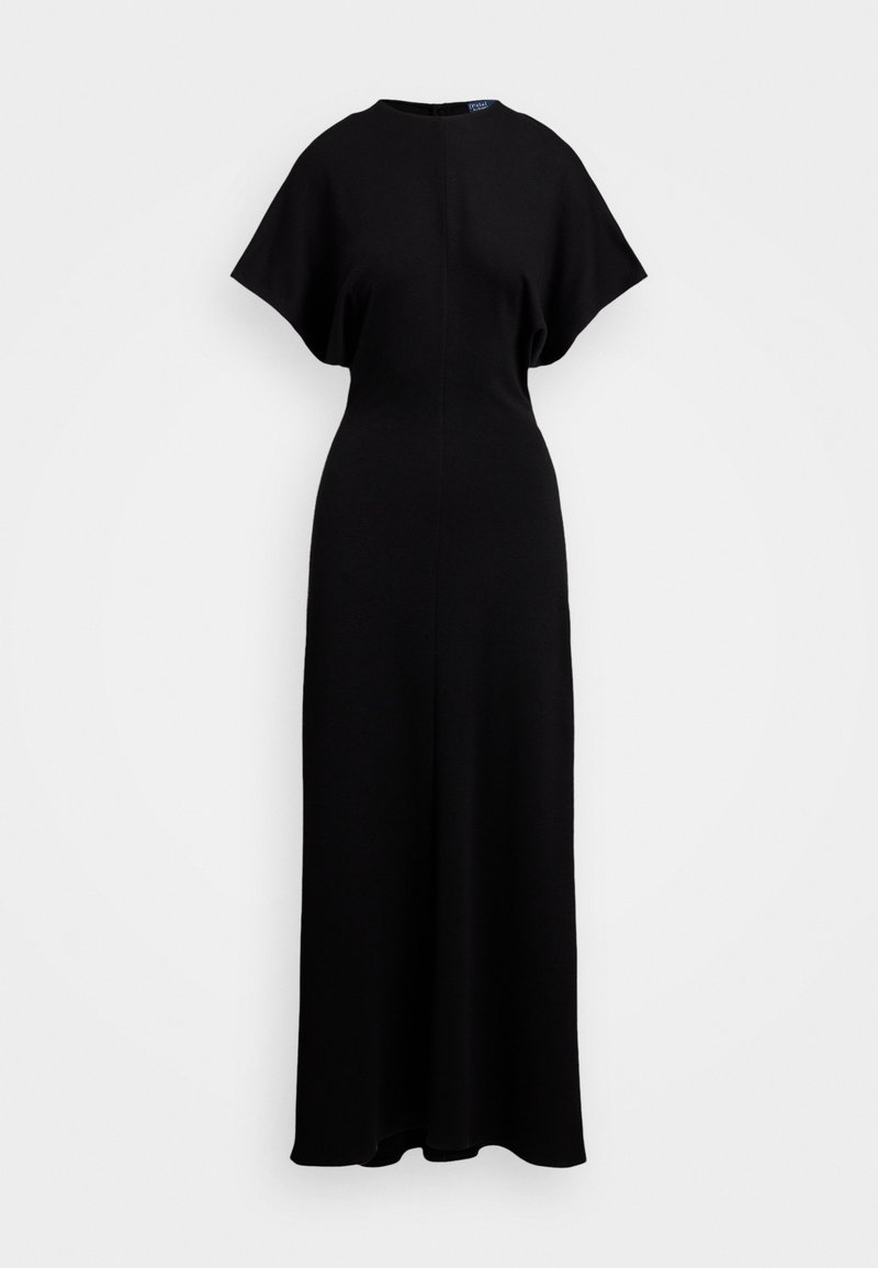 Schwarzes, langes, tailliertes Kleid mit kurzen, weiten Ärmeln und hohem Kragen. Hergestellt aus glattem Stoff, mit einem dezenten Nahtdetail auf der Vorderseite.