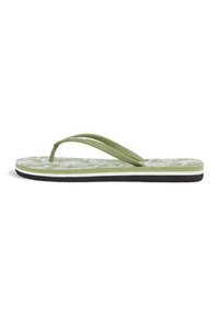 Grøn flip-flop med en tekstureret, mønstret fodseng, tynde stropper og en sort sål. PVC-fri materiale og letvægtsdesign.