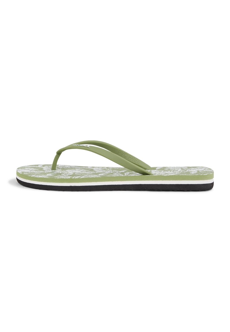 Grøn flip-flop med en tekstureret, mønstret fodseng, tynde stropper og en sort sål. PVC-fri materiale og letvægtsdesign.