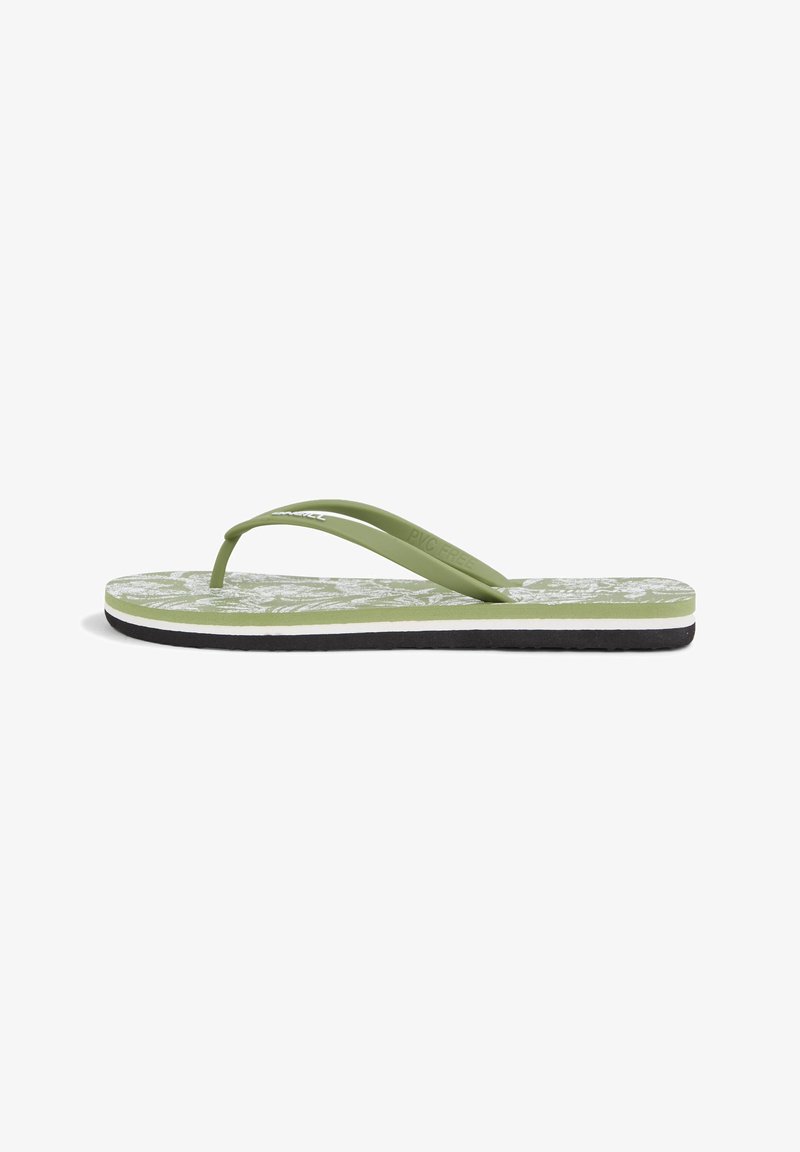 Grøn flip-flop med en tekstureret, mønstret fodseng, tynde stropper og en sort sål. PVC-fri materiale og letvægtsdesign.