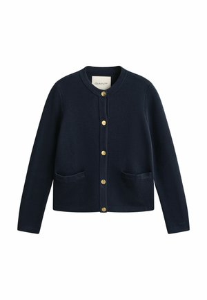 Marineblauer langärmeliger Cardigan mit rundem Ausschnitt, sechs goldenen Knöpfen vorne und zwei vorderen Taschen.