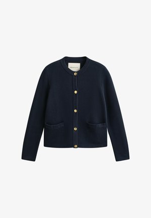 Marineblauer langärmeliger Cardigan mit rundem Ausschnitt, sechs goldenen Knöpfen vorne und zwei vorderen Taschen.