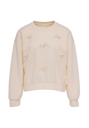 Cream-colored long-sleeve sweatshirt with round neck, decorated with six small fabric bows and pearl-like beads on the front.