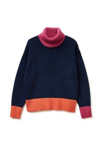 Sweter wykonany na drutach z różowym prążkowanym golfem, ciemnoniebieską koronką i prążkowanymi brzegami w kolorze pomarańczowym i różowym. Miękka faktura, luźny krój.