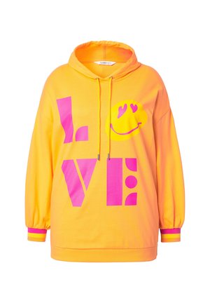 Jasně žlutá mikina s kapucí a růžovým potiskem "LOVE" a smajlíkem. Obsahuje šňůrku v kapuci a elastické manžety s pruhovanými akcenty. Měkká textura.