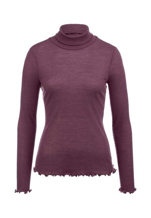 Purple turtleneck sweater, ribbed texture, long sleeves, scalloped hem and cuffs, soft material, fitted design.