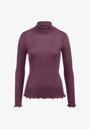 Lila Rollkragenpullover, gerippte Textur, lange Ärmel, gewellter Saum und Bündchen, weiches Material, taillierte Passform.