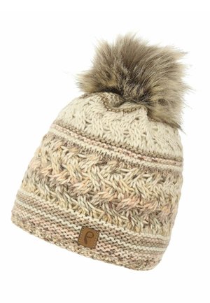 Cream and beige knitted winter hat with braided pattern and a large fluffy pom-pom on top, featuring a small leather brand tag.