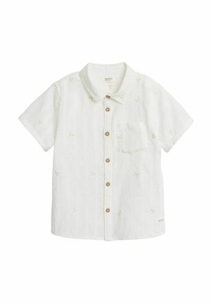 Vit kortärmad skjorta med bröstficka, träknappar, diskret gul blommig broderi och vertikala strukturerade ränder.