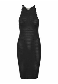 Abito nero lavorato a maglia con silhouette aderente, design a schiena scoperta, scollatura a coste e bordi scallop. Presenta un motivo a trama aperta e texturizzato.