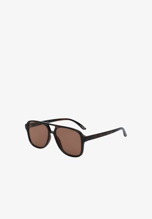 Black rectangular sunglasses with brown tinted lenses and thin tortoiseshell arms on white background.