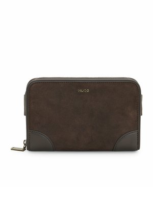 Dark brown suede and leather zippered wallet with gold "HUGO" logo and rounded corners on a white background.