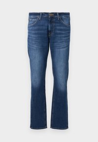 Niebieskie jeansy z denimu z lekkim wyblaknięciem, styl pięciokieszeniowy, proste nogawki i zapięcie na guzik w pasie.