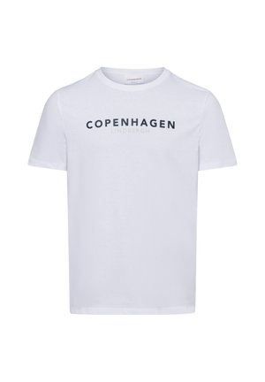 White cotton t-shirt featuring a crew neckline. The front displays the text "COPENHAGEN" and "LINDBERGH" in black. Simple design, short sleeves.